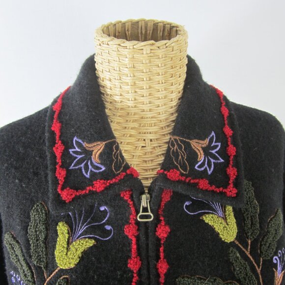 Tally Ho Womens S Black Boiled Wool Floral Full Zip Long Sleeve Jacket Cardigan - Picture 9 of 16